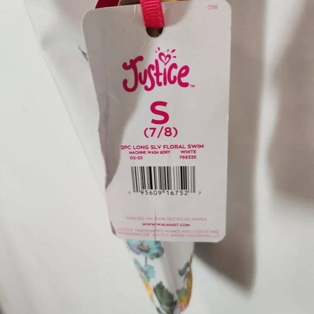 Justice Girls Long Sleeve Elastic Trim Floral Print Rash Guard Swimsuit TOP‎ Sm